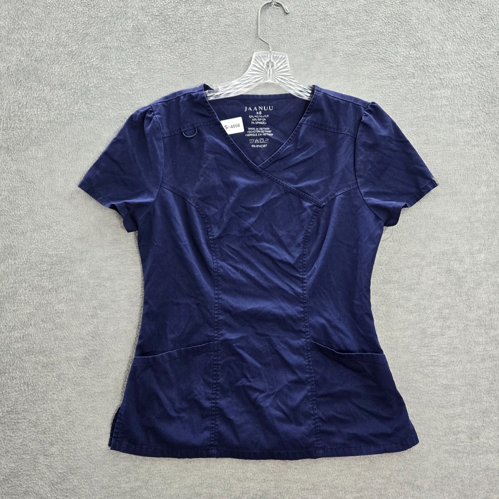 Jaanuu Women Scrub Top XS Blue V Neck Pockets Short Sleeve Side Zip